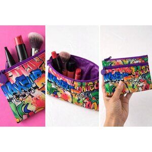 Ipsy Graffiti Print Makeup Bag Cosmetic Pouch Purple Zipper 7.5x4.5